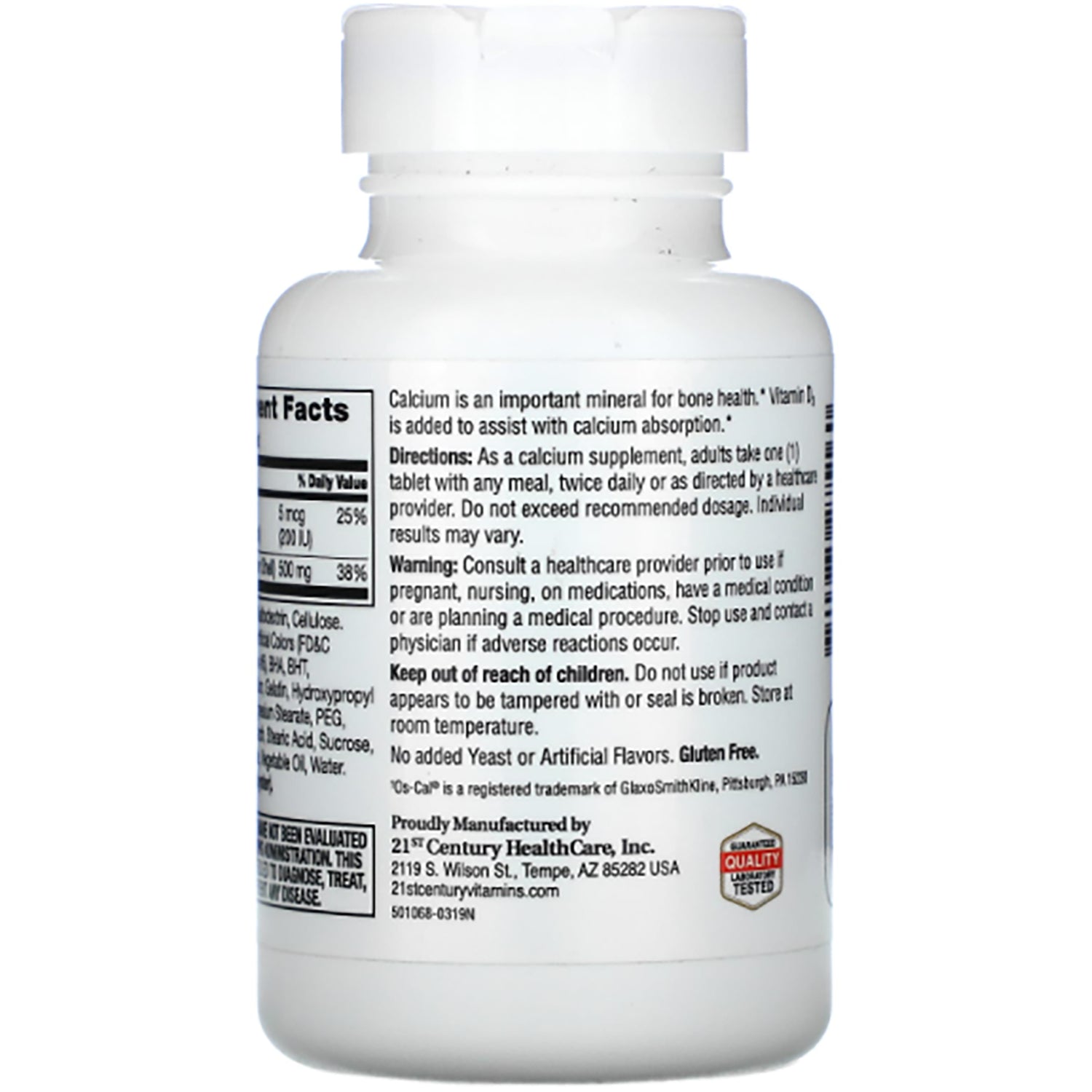 CNT258 | back label of white supplement bottle showing nutrition facts, directions, warnings, and manufacturer information
