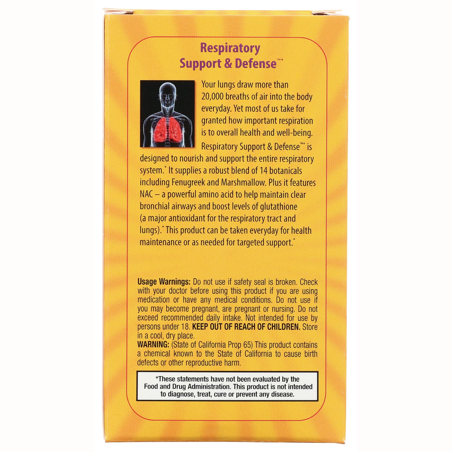 NTS25 | yellow product back panel infographic for Respiratory Support & Defense showing description and usage warnings