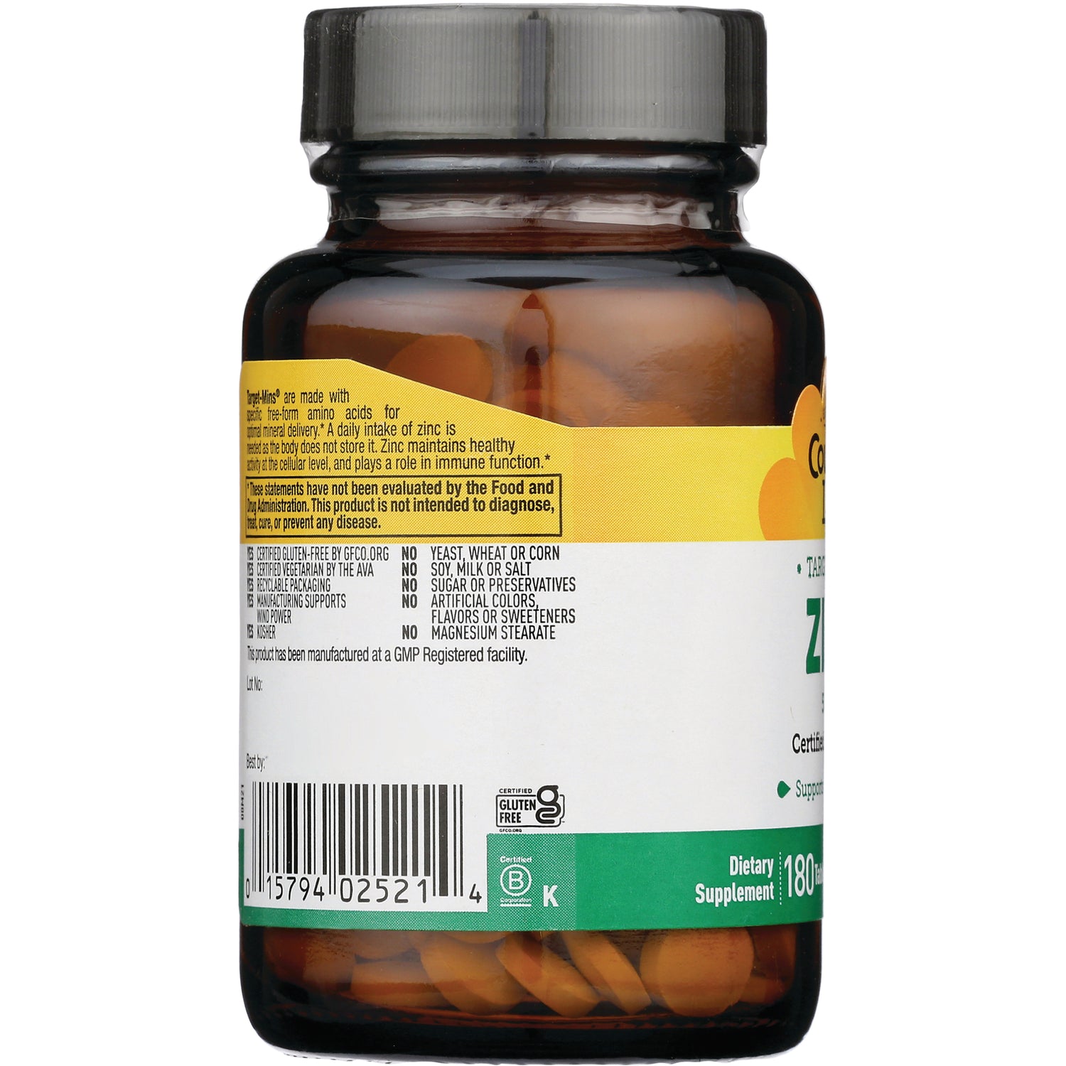 CRL448 | Back of amber supplement bottle showing barcode, ingredient and certification text, and tablets visible