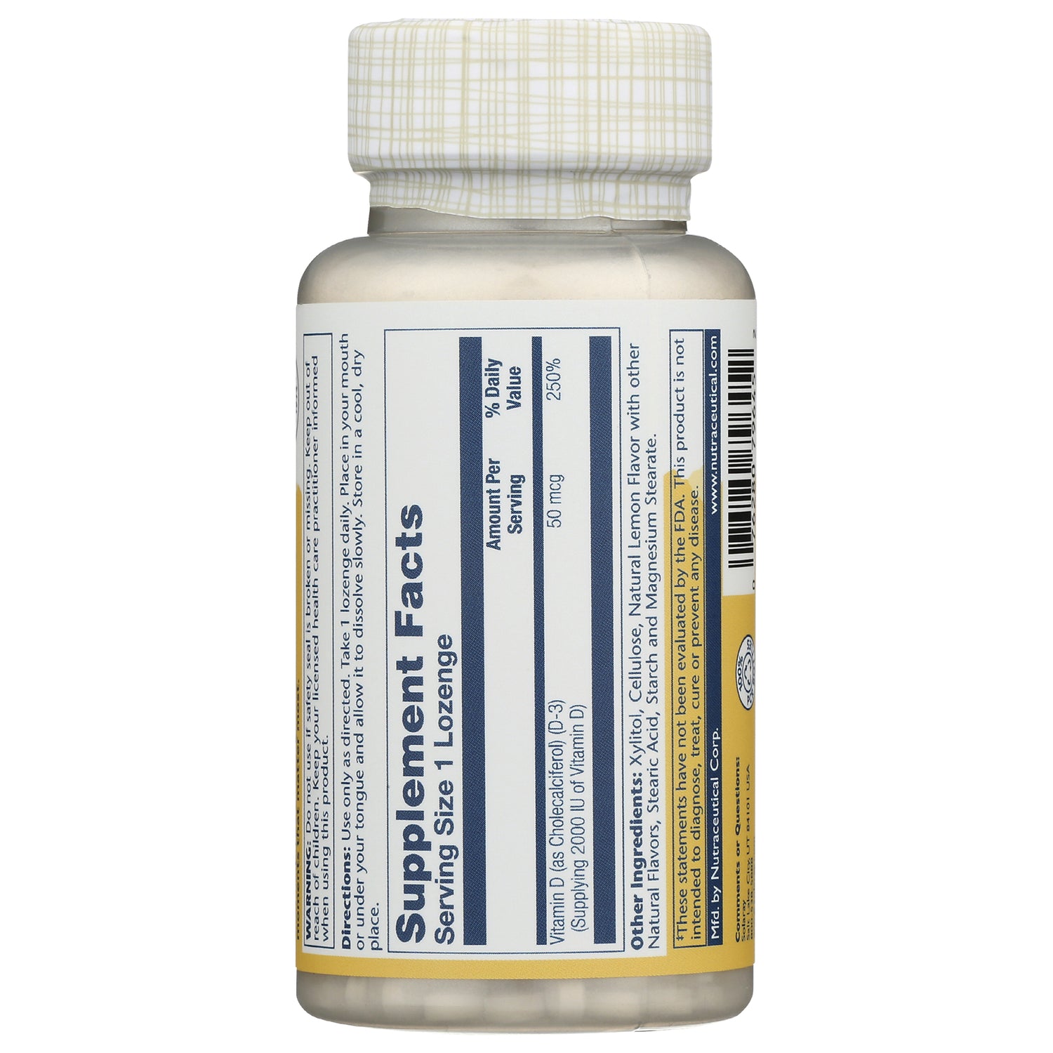SLR423 | Back label with Supplement Facts: Serving Size 1 lozenge; Vitamin D 50 mcg (250%)