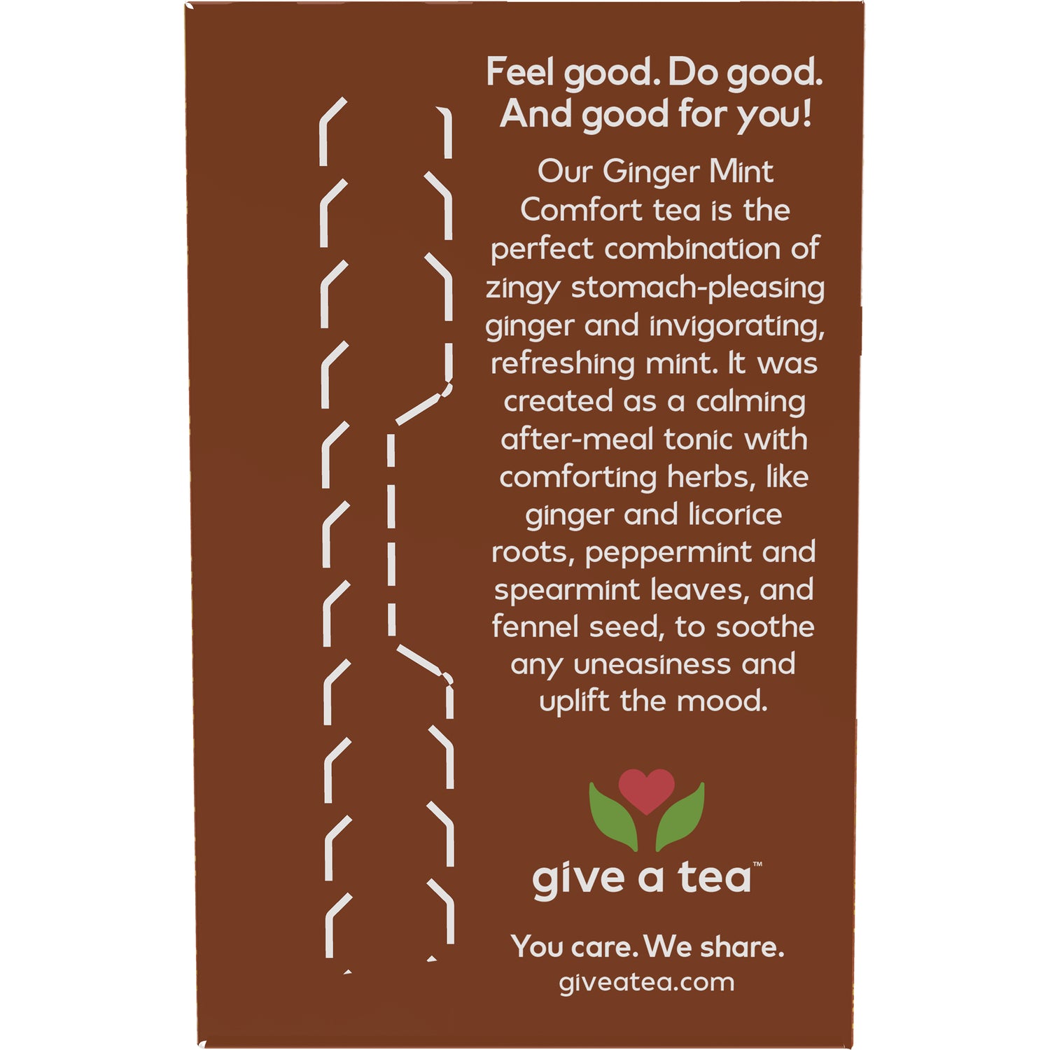 NWF1089 | product infographic for Ginger Mint Comfort tea describing calming, stomach-soothing herbs and give a tea logo