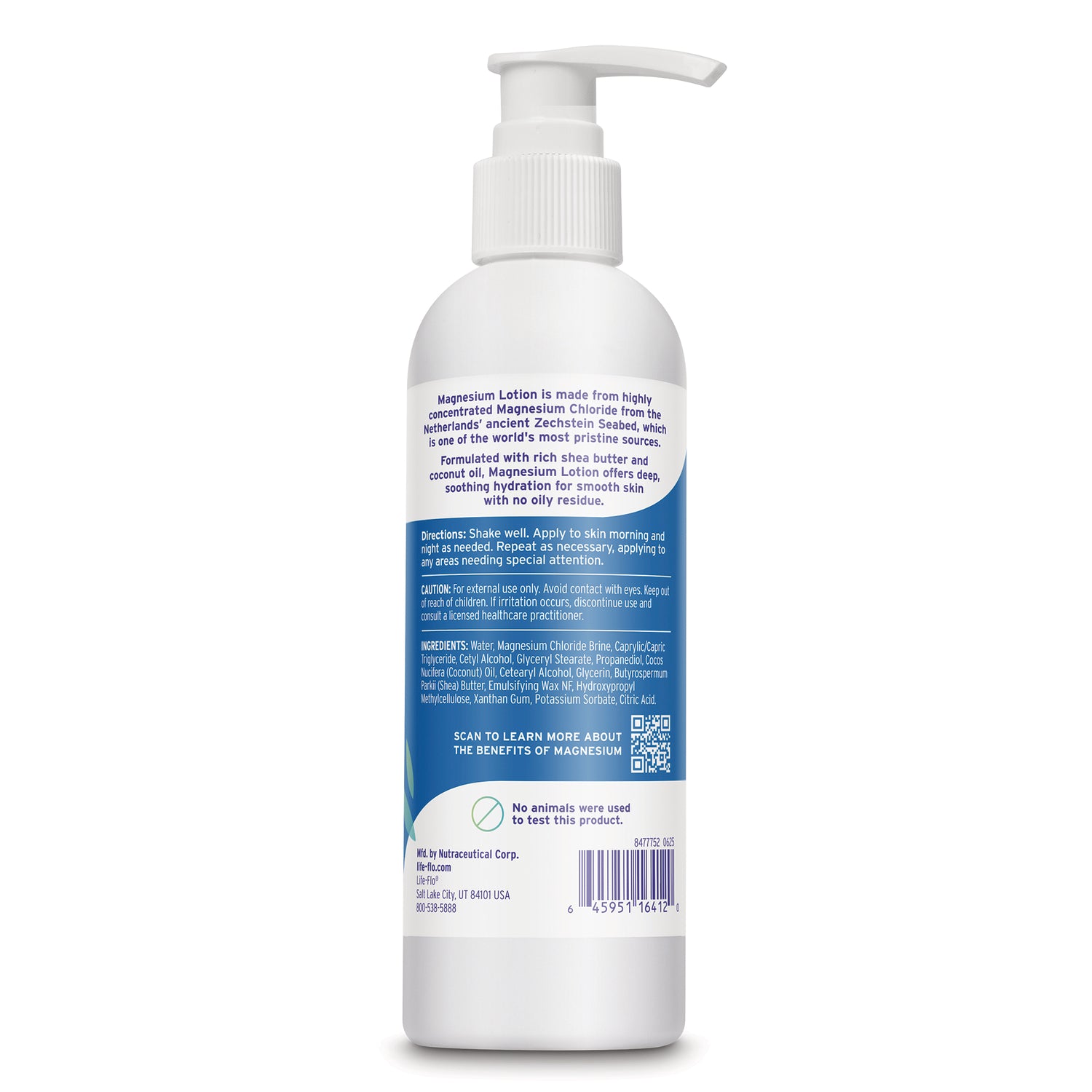 LFH086 | Back label of magnesium lotion bottle with directions, ingredients, caution, and QR code