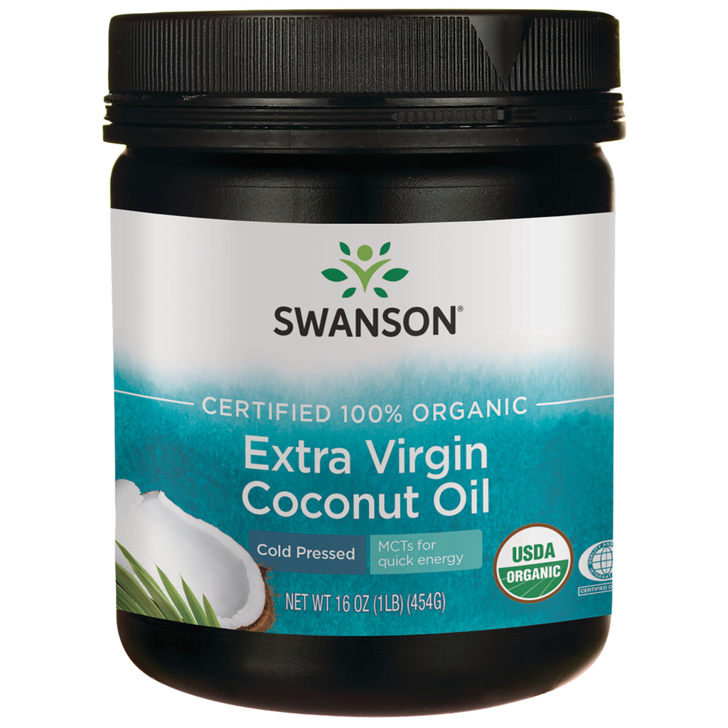 SWF035 | Four jars of SWANSON Extra Virgin Coconut Oil with teal labels pack of 4 || SWF035 | Three jars of Swanson Extra Virgin Coconut Oil front labels showing USDA Organic || SWF035 | Two-pack Swanson Extra Virgin Coconut Oil 16 oz jars with front labels and USDA Organic badge - Thumbnail