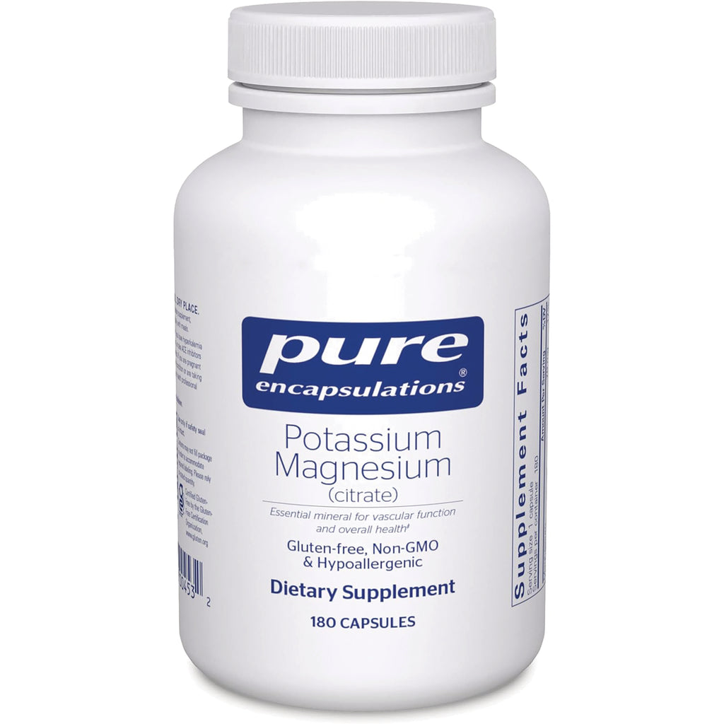 PRN003 | White bottle of Pure Encapsulations Potassium Magnesium (citrate) dietary supplement, 180 capsules, front label - Thumbnail