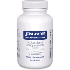 PRN003 | White bottle of Pure Encapsulations Potassium Magnesium (citrate) dietary supplement, 180 capsules, front label