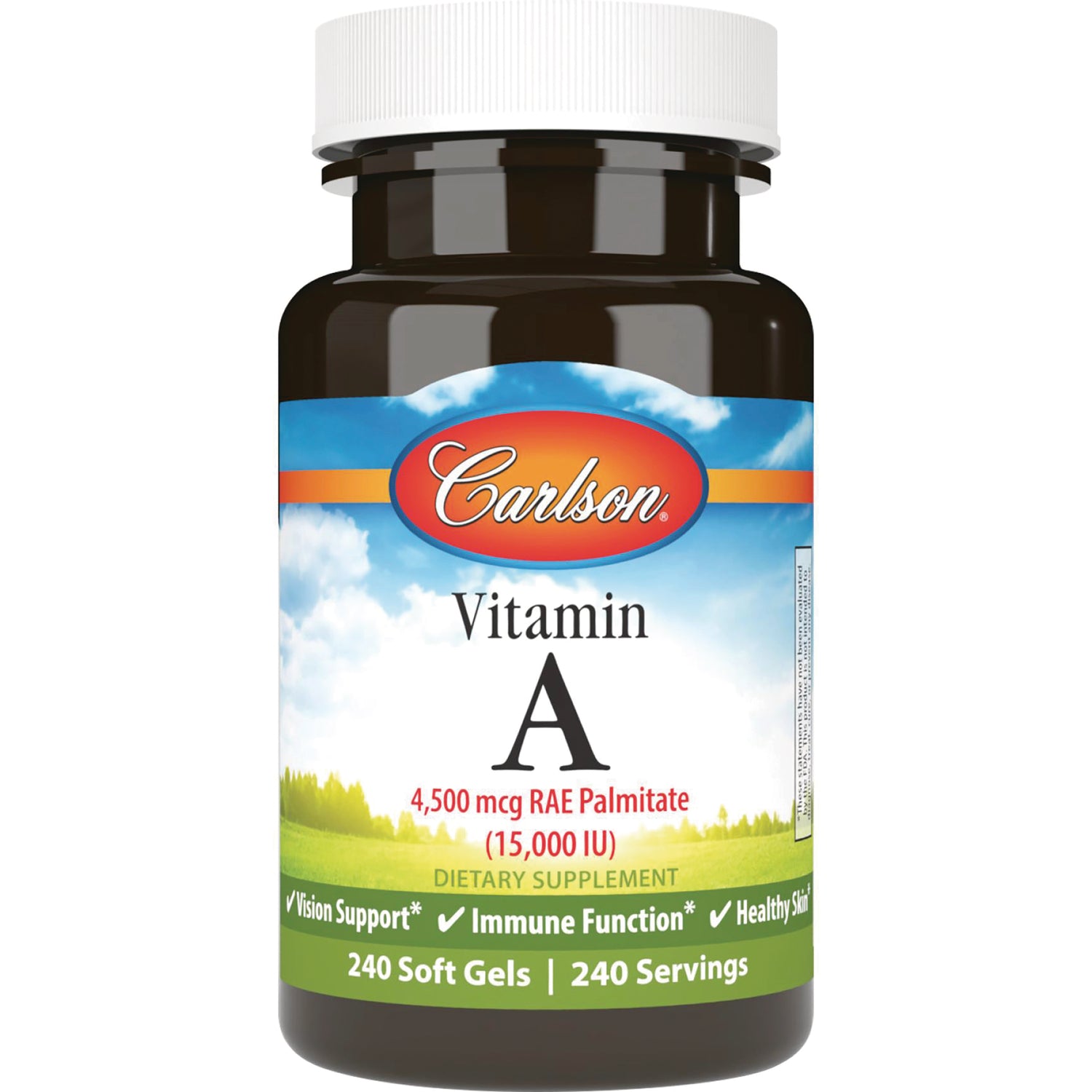 Carlson Vitamin A bottle, 240 soft gels, 4,500 mcg RAE palmitate (15,000 IU) dietary supplement