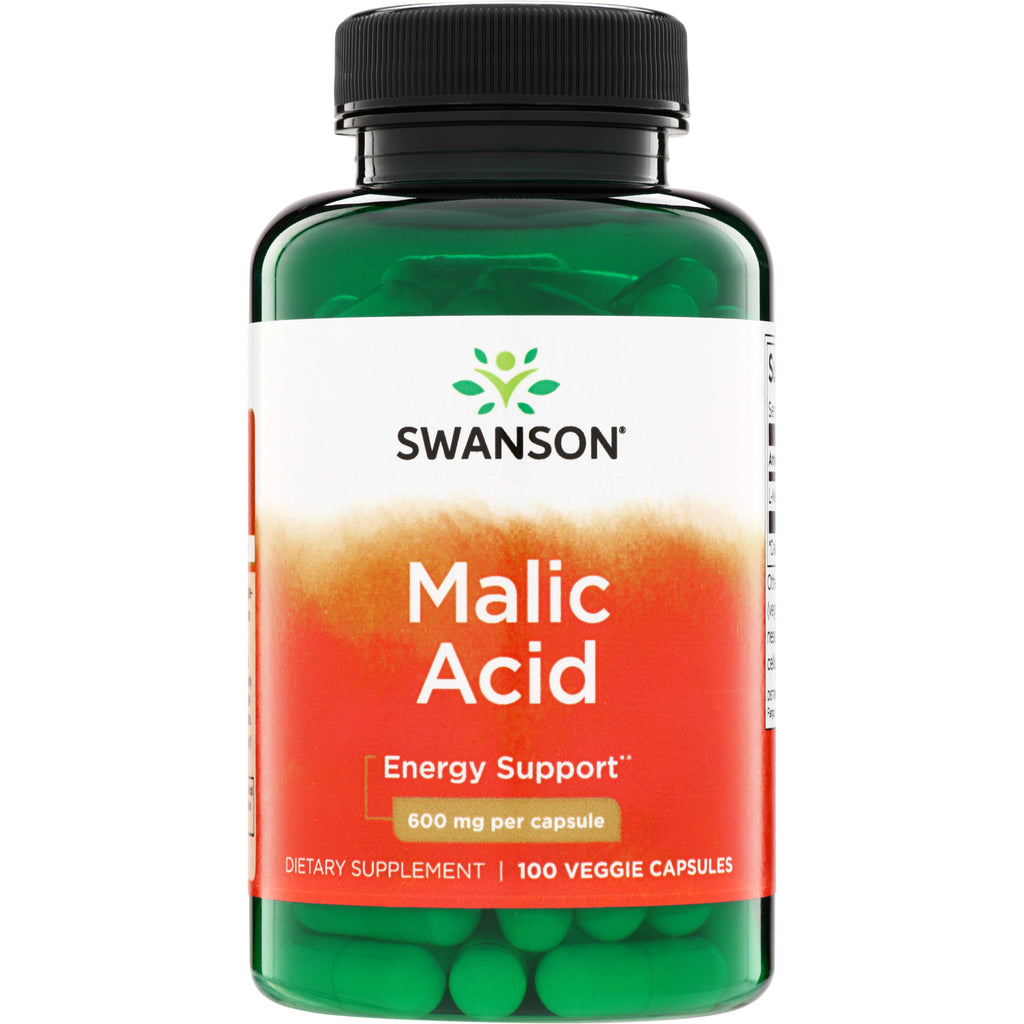 SW939 | Swanson Malic Acid, Energy Support, 600 mg per capsule, 100 veggie capsules bottle front - Thumbnail