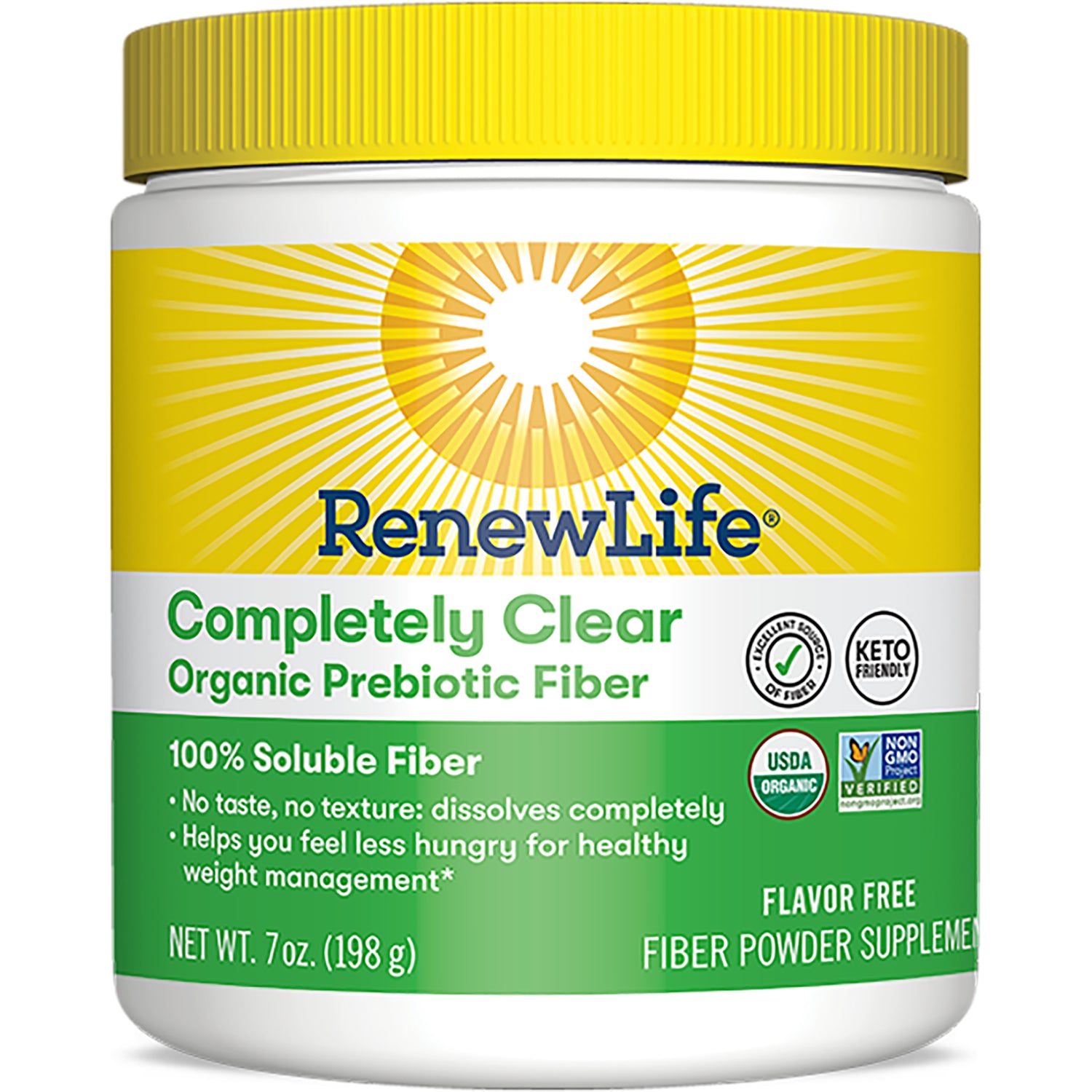 RNL245 | RenewLife Completely Clear organic prebiotic fiber powder jar, flavor free, yellow and green label, net wt 7 oz