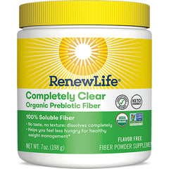 RNL245 | RenewLife Completely Clear organic prebiotic fiber powder jar, flavor free, yellow and green label, net wt 7 oz