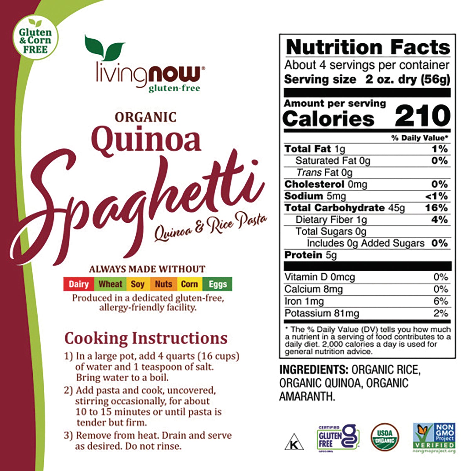 NWF1271 | Back panel showing Nutrition Facts, ingredients list, and cooking instructions for Living Now Organic Quinoa Spaghetti