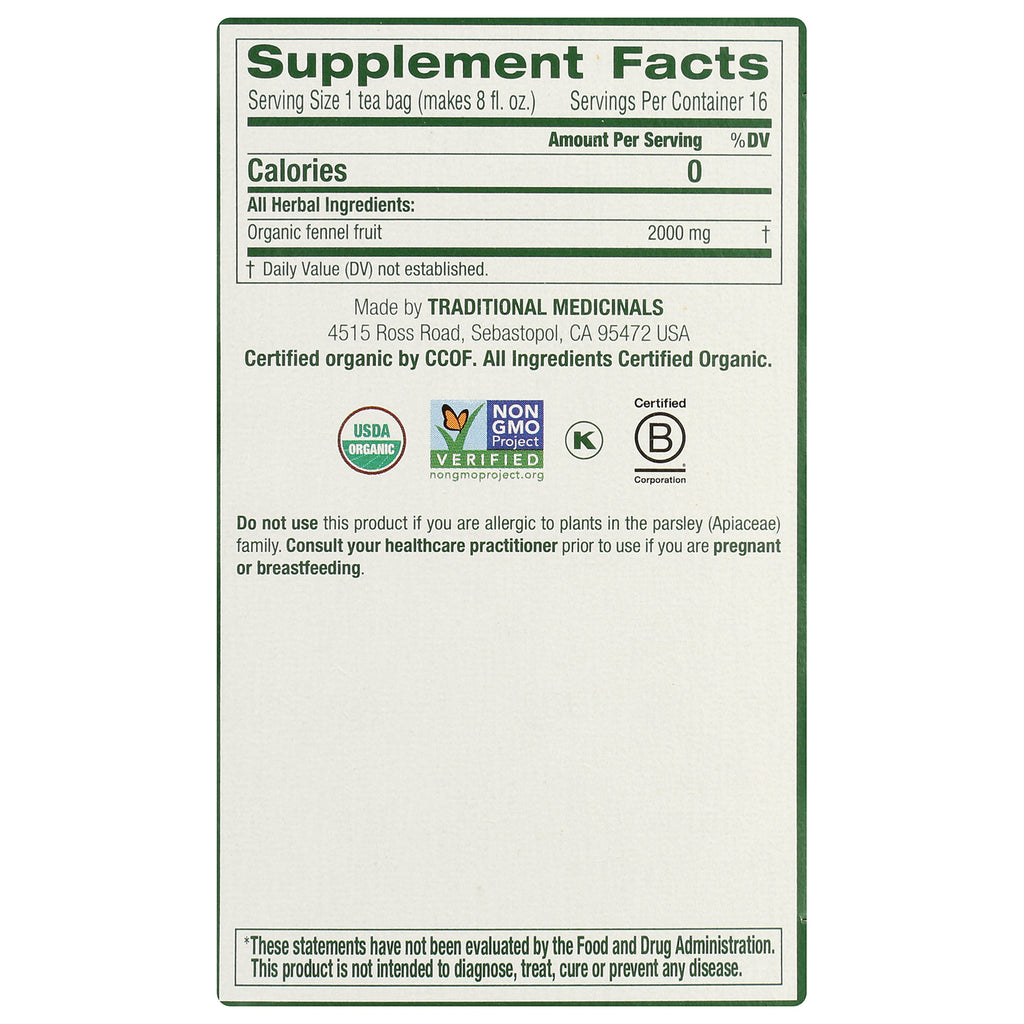 TMD046 | Back panel with Supplement Facts: Organic fennel fruit 2000 mg; Traditional Medicinals and certification logos - Thumbnail