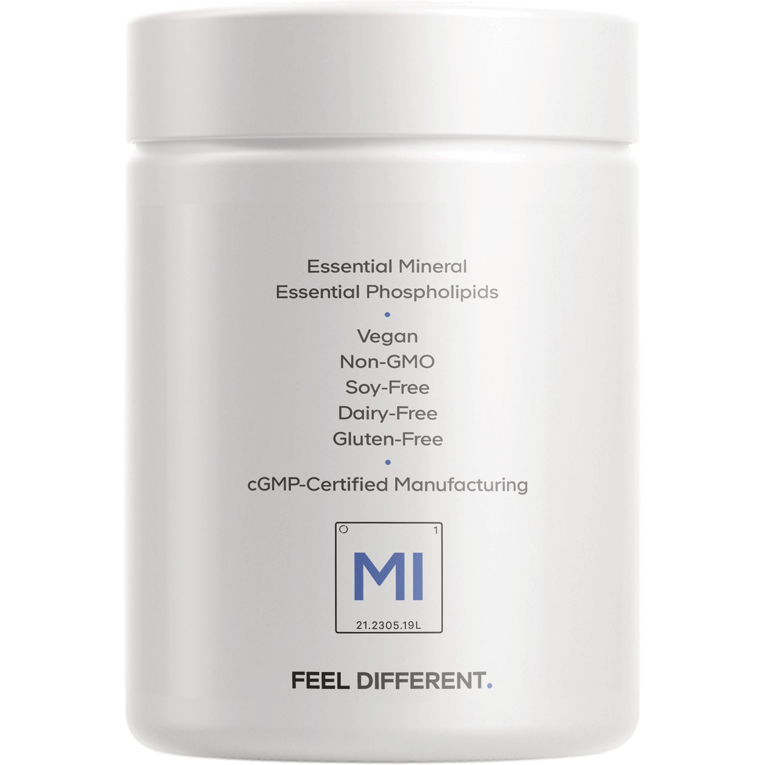 CDG021 | Back label of white supplement jar listing Vegan, Non-GMO, Soy-Free, Dairy-Free, Gluten-Free and cGMP-Certified Manufacturing