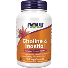 NWF866 | NOW Choline & Inositol supplement bottle, orange label, 100 veg capsules, Nervous System Health
