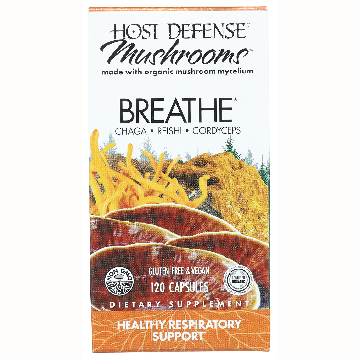 FUN039 | Host Defense Mushrooms BREATHE supplement front packaging showing mushroom illustration and 120 capsules