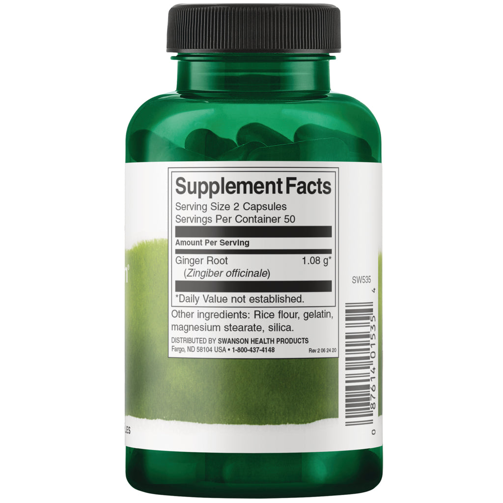 SW535 | Back label showing Supplement Facts for ginger root; serving size 2 capsules, 1.08 g per serving - Thumbnail