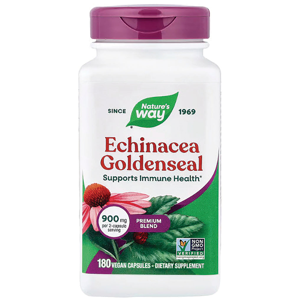 NW275 | Nature's Way Echinacea Goldenseal white supplement bottle with purple cap, 180 vegan capsules, supports immune health - Thumbnail