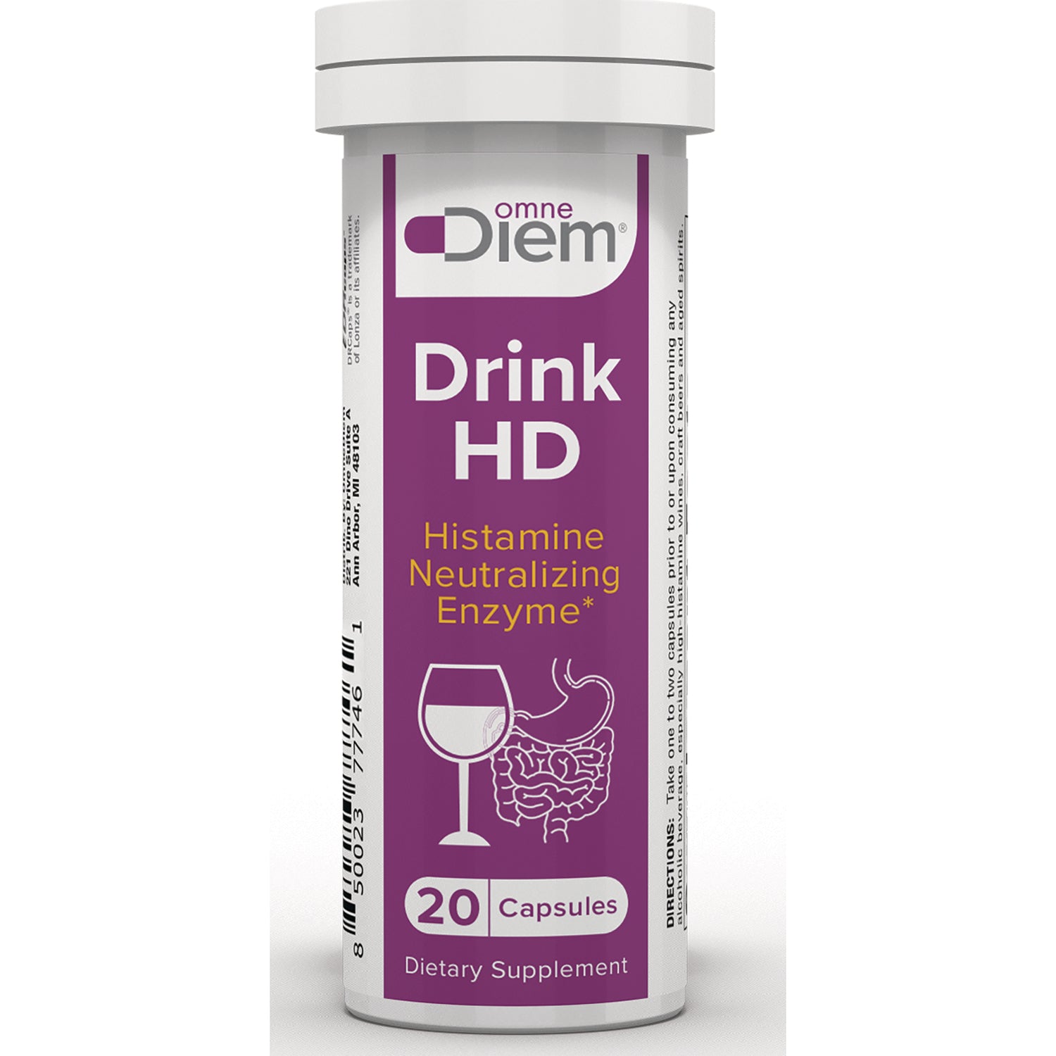 DIM024 | White tube labeled Diem Drink HD Histamine Neutralizing Enzyme 20 Capsules dietary supplement, front view