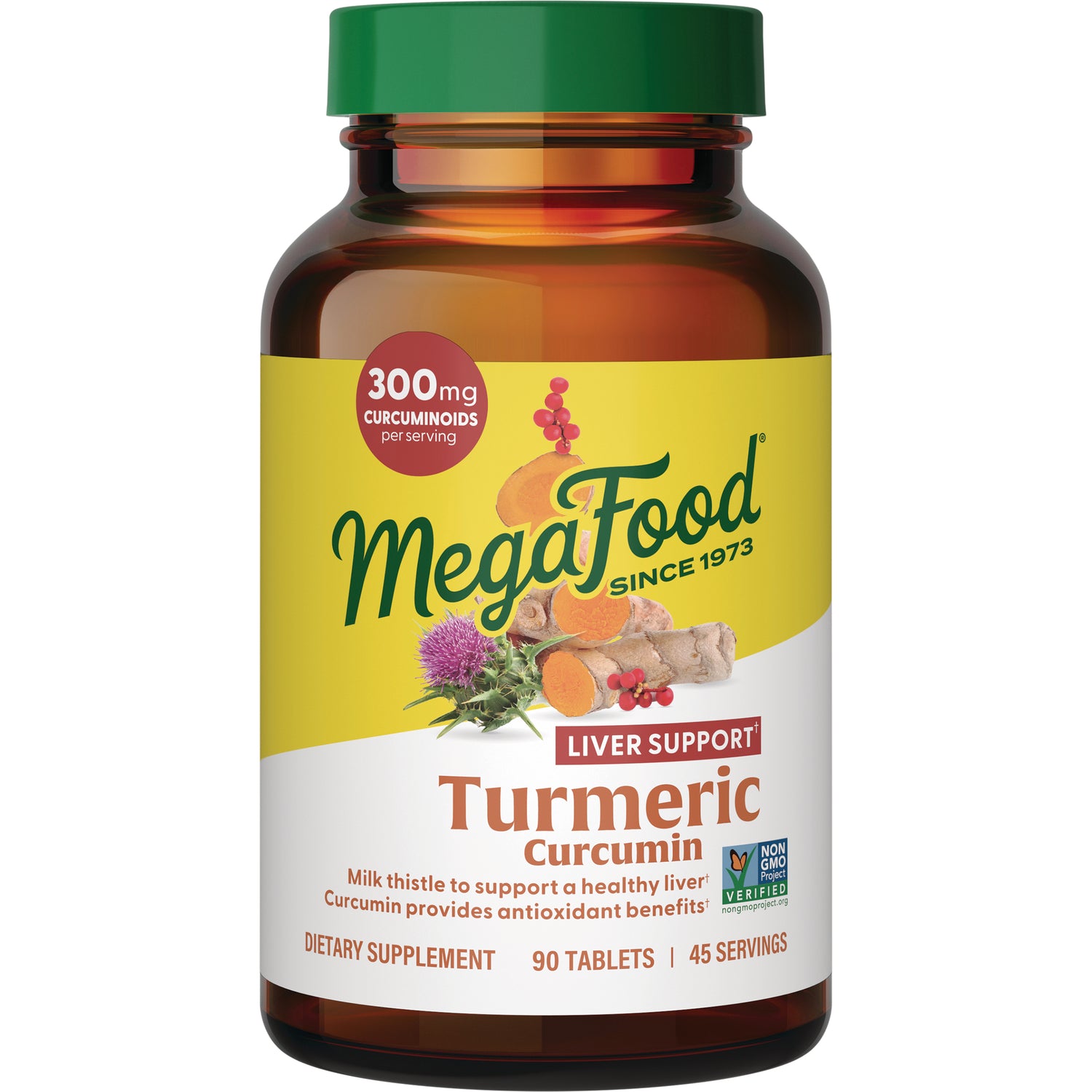 MGF109 | MegaFood Turmeric Curcumin supplement bottle front, 300 mg curcuminoids, 90 tablets