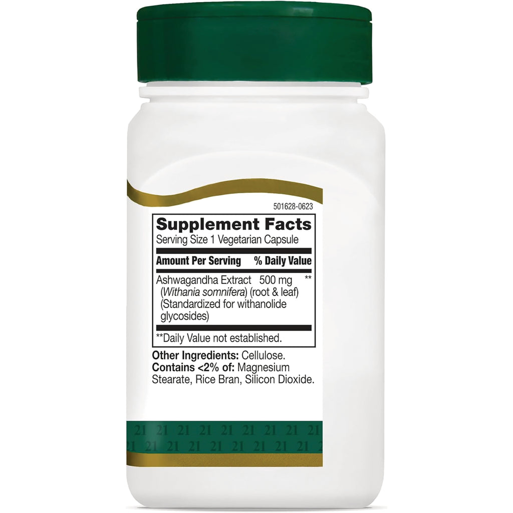 CNT291 | back of white supplement bottle showing Supplement Facts label listing Ashwagandha Extract 500 mg and other ingredients, serving size 1 vegetarian capsule - Thumbnail
