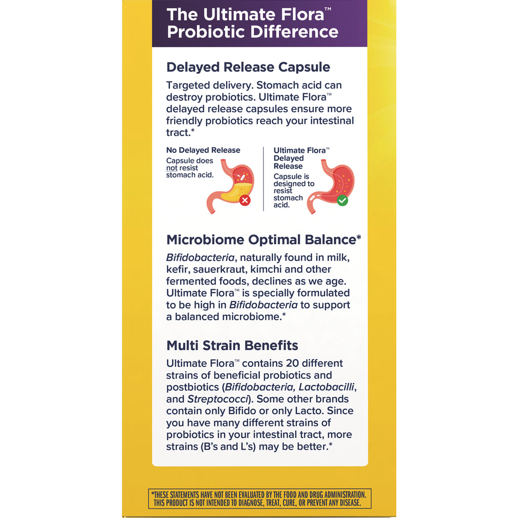 RNL255 | back panel of probiotic box with delayed release capsule illustration, microbiome and multi strain benefits text - Thumbnail