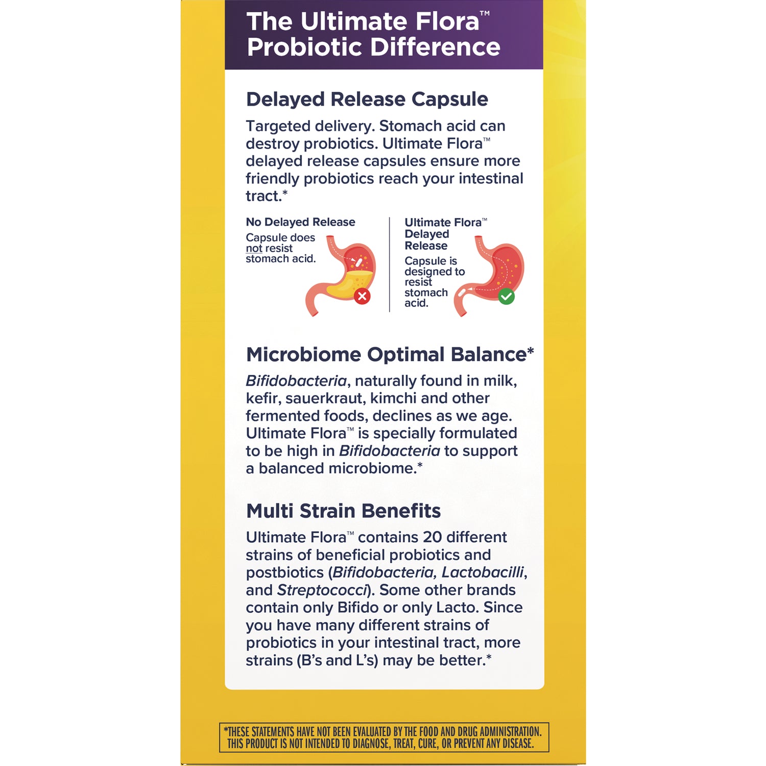 RNL255 | back panel of probiotic box with delayed release capsule illustration, microbiome and multi strain benefits text