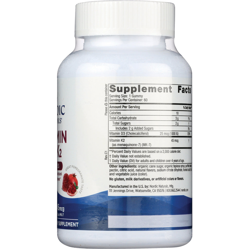 Supplement Facts label on bottle back showing Serving Size 1 Gummy, Vitamin D3 25 mcg, Vitamin K2 45 mcg - Thumbnail