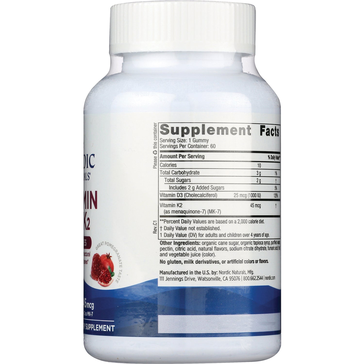 Supplement Facts label on bottle back showing Serving Size 1 Gummy, Vitamin D3 25 mcg, Vitamin K2 45 mcg