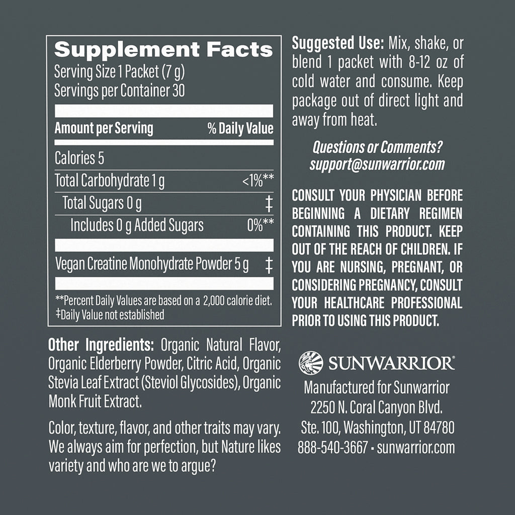 SNW066 | Supplement Facts and Suggested Use panel for Sunwarrior vegan creatine monohydrate powder packets - Thumbnail