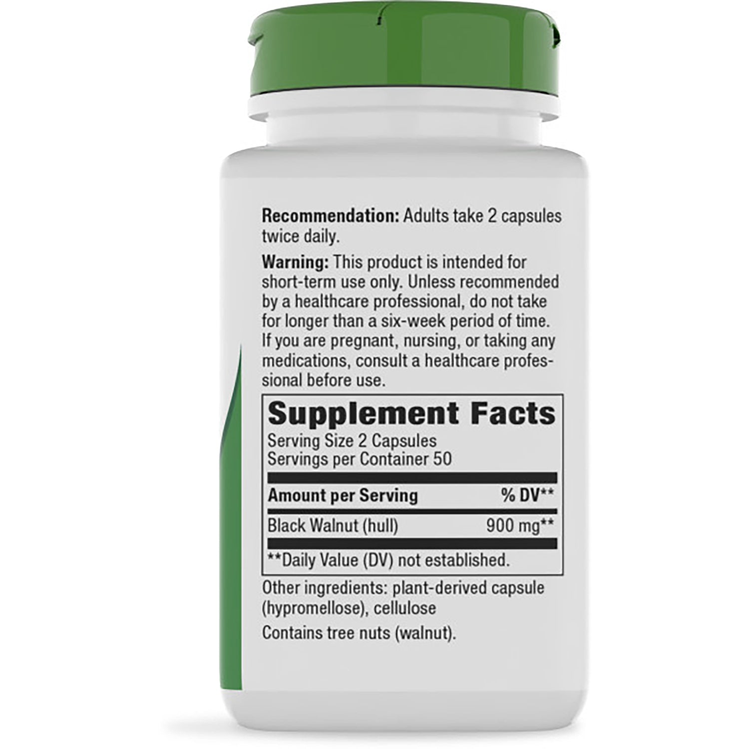 NW701 | Back of brown supplement bottle showing Supplement Facts panel, serving size 2 capsules, Black Walnut 900 mg, warnings