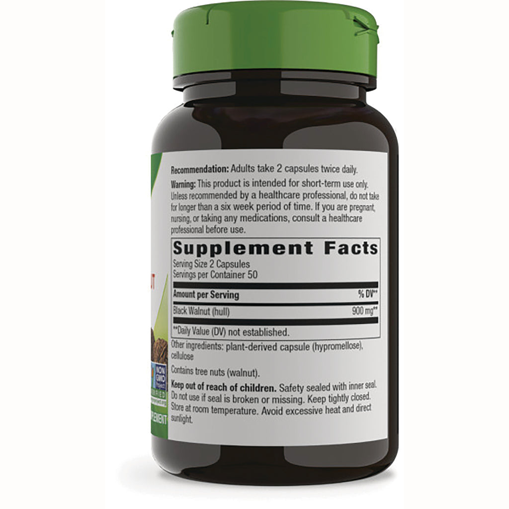 NW701 | Back of brown supplement bottle showing Supplement Facts panel, serving size 2 capsules, Black Walnut 900 mg, warnings - Thumbnail