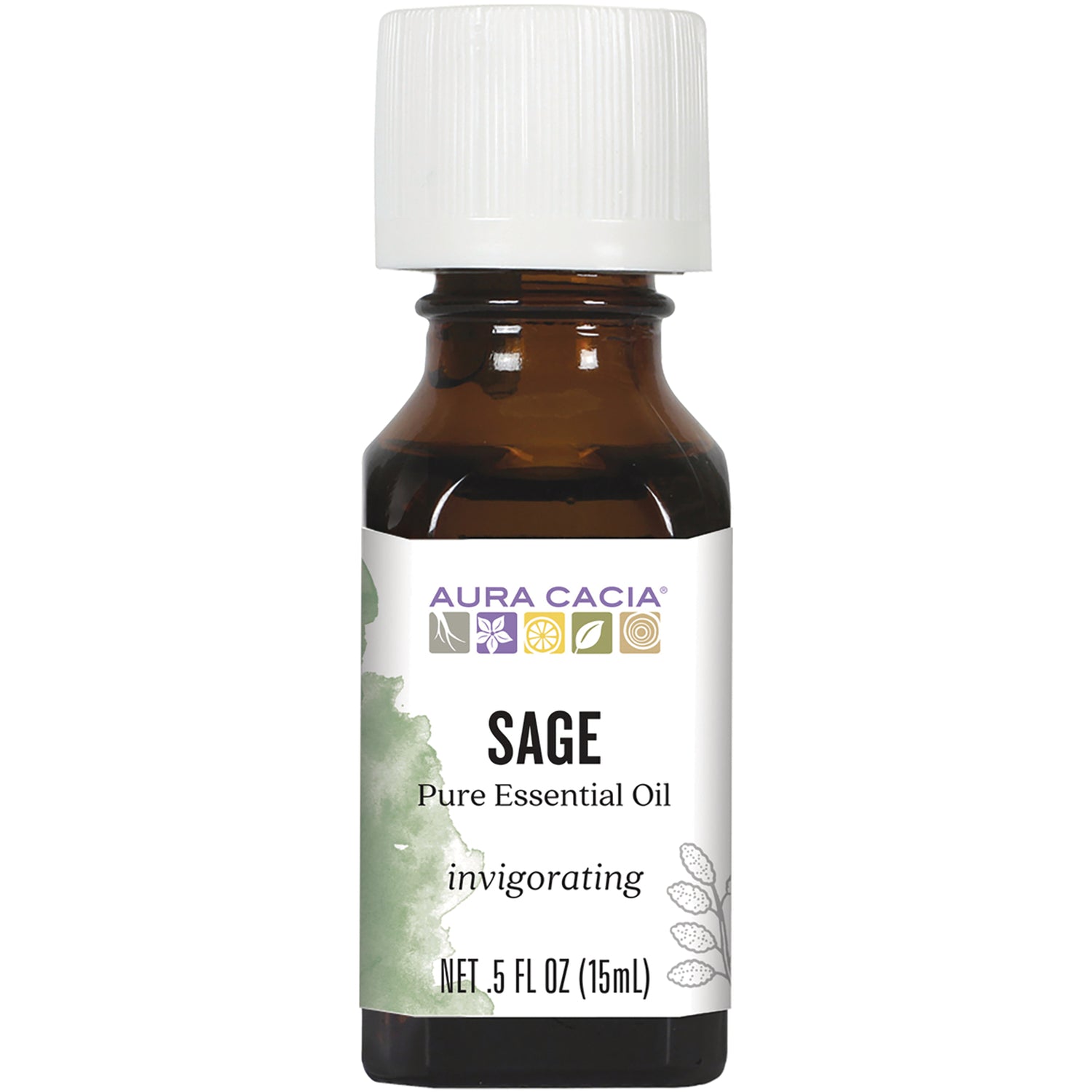 ARC039 | Aura Cacia SAGE pure essential oil 0.5 fl oz brown glass bottle with white cap labeled invigorating