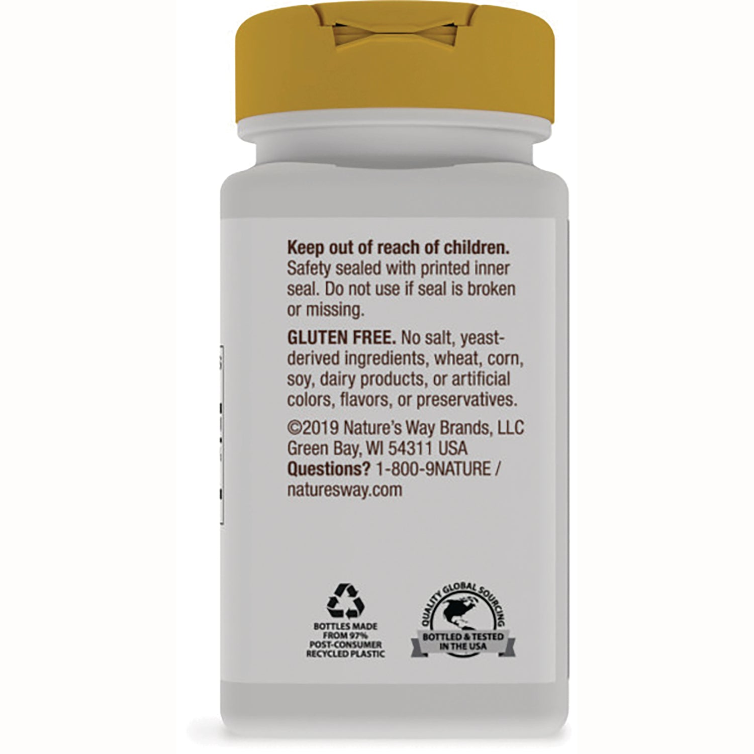 NW934 | Back label of white supplement bottle with visible text Keep out of reach of children, GLUTEN FREE statement and recycling icons