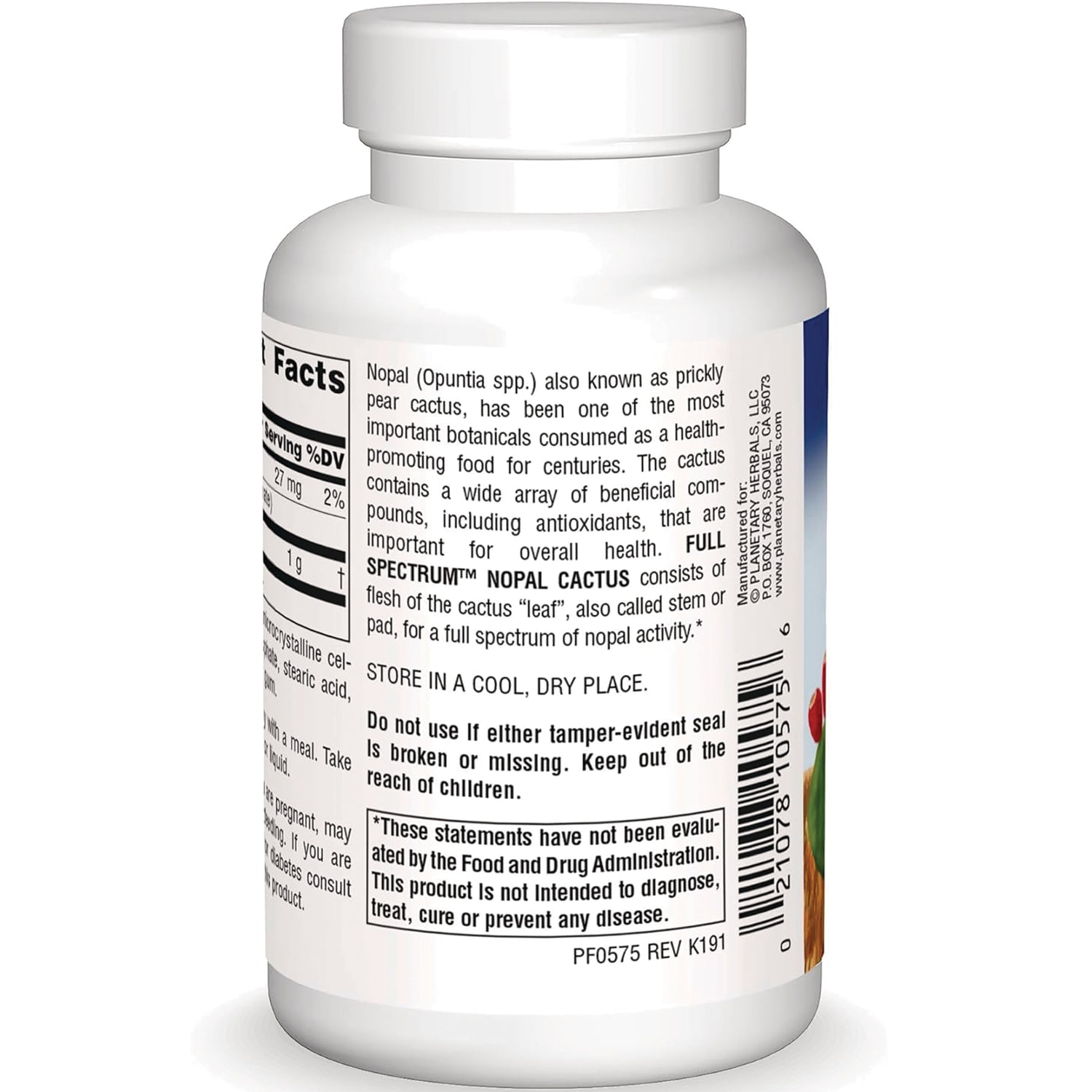 PF202 | Back label of white supplement bottle showing nopal cactus description, storage instructions and barcode