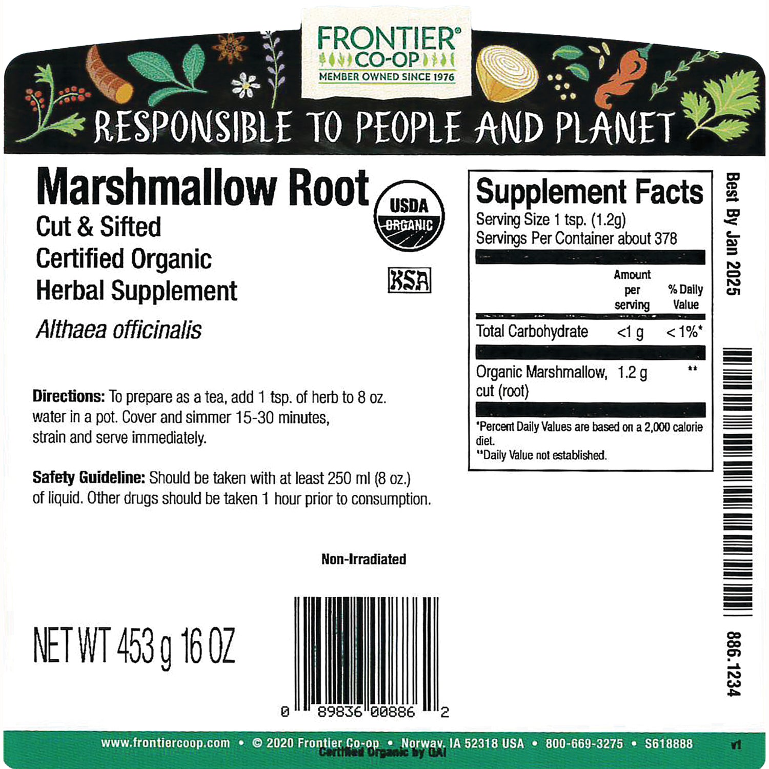 FNP386 | Back label of Frontier Co-op Marshmallow Root herbal supplement showing Supplement Facts, directions, net wt 453 g and barcode