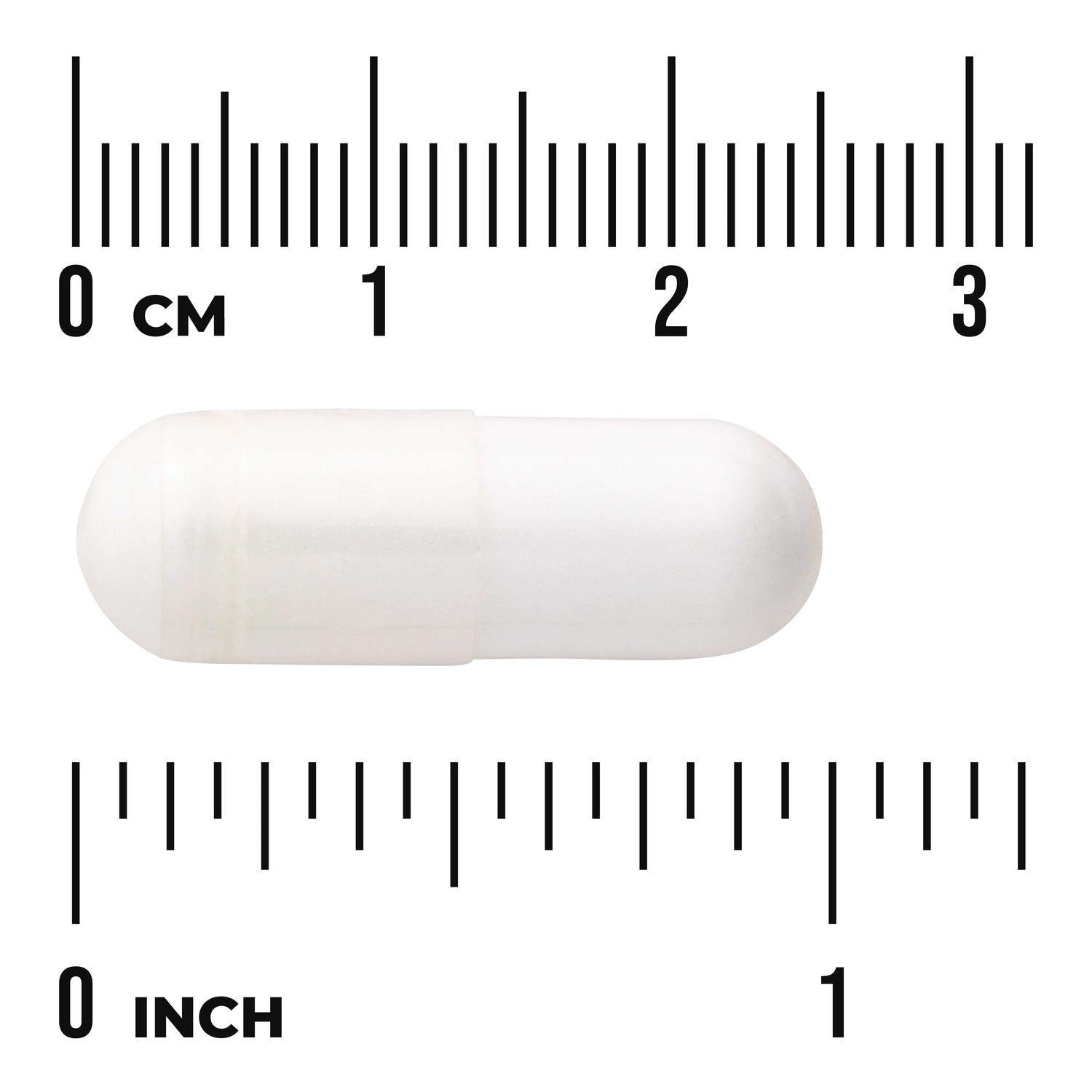 SWU464 | White capsule with size scale showing 0-3 cm and 0-1 inch