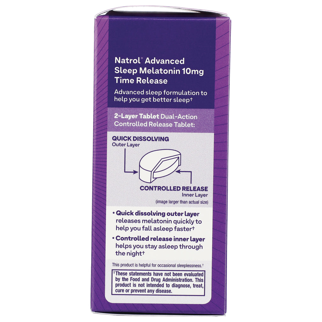 NA504 | Natrol Advanced Sleep Melatonin 10mg time release box side panel with 2-layer tablet diagram and usage bullets - Thumbnail
