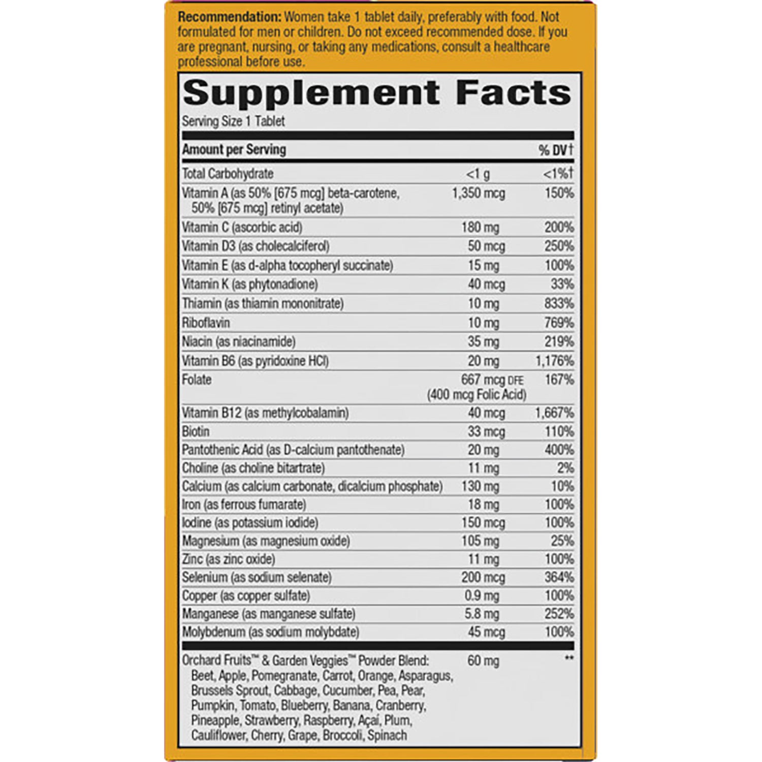 NW711 | Supplement Facts panel listing serving size, vitamins and minerals, and Orchard Fruits & Garden Veggies powder blend