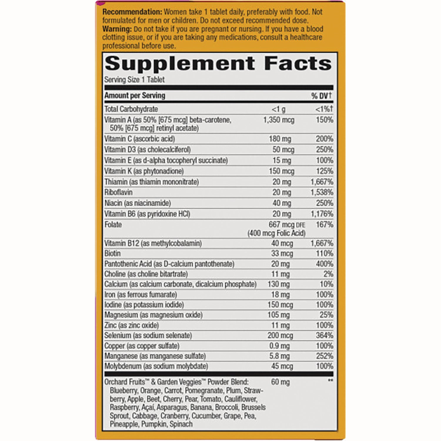 NW711 | Supplement Facts panel listing serving size, vitamins and minerals, and Orchard Fruits & Garden Veggies powder blend
