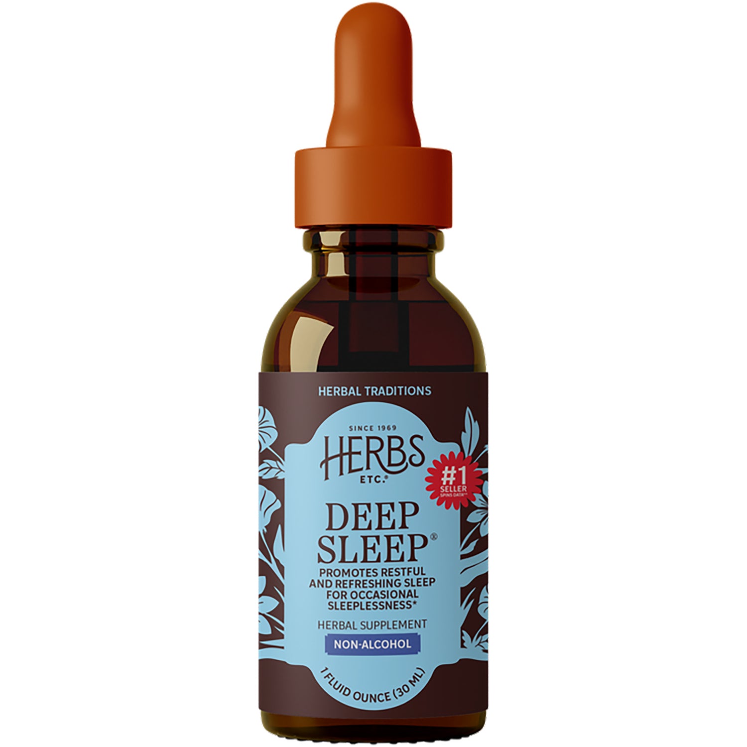HE104 | Amber glass dropper bottle labeled HERBS ETC DEEP SLEEP herbal supplement, non-alcohol, 1 fluid ounce