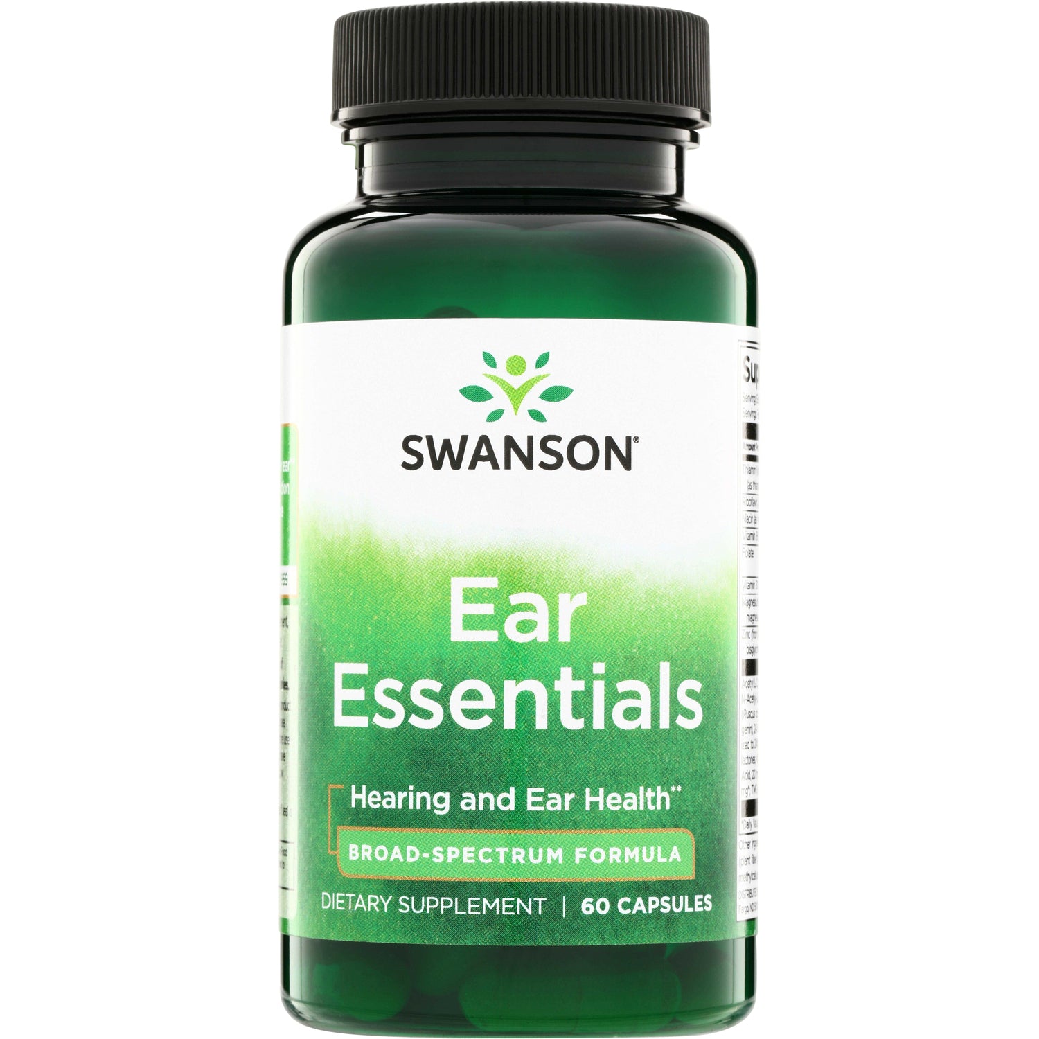 SWC053 | Swanson Ear Essentials dietary supplement bottle with green label reading Ear Essentials and 60 capsules
