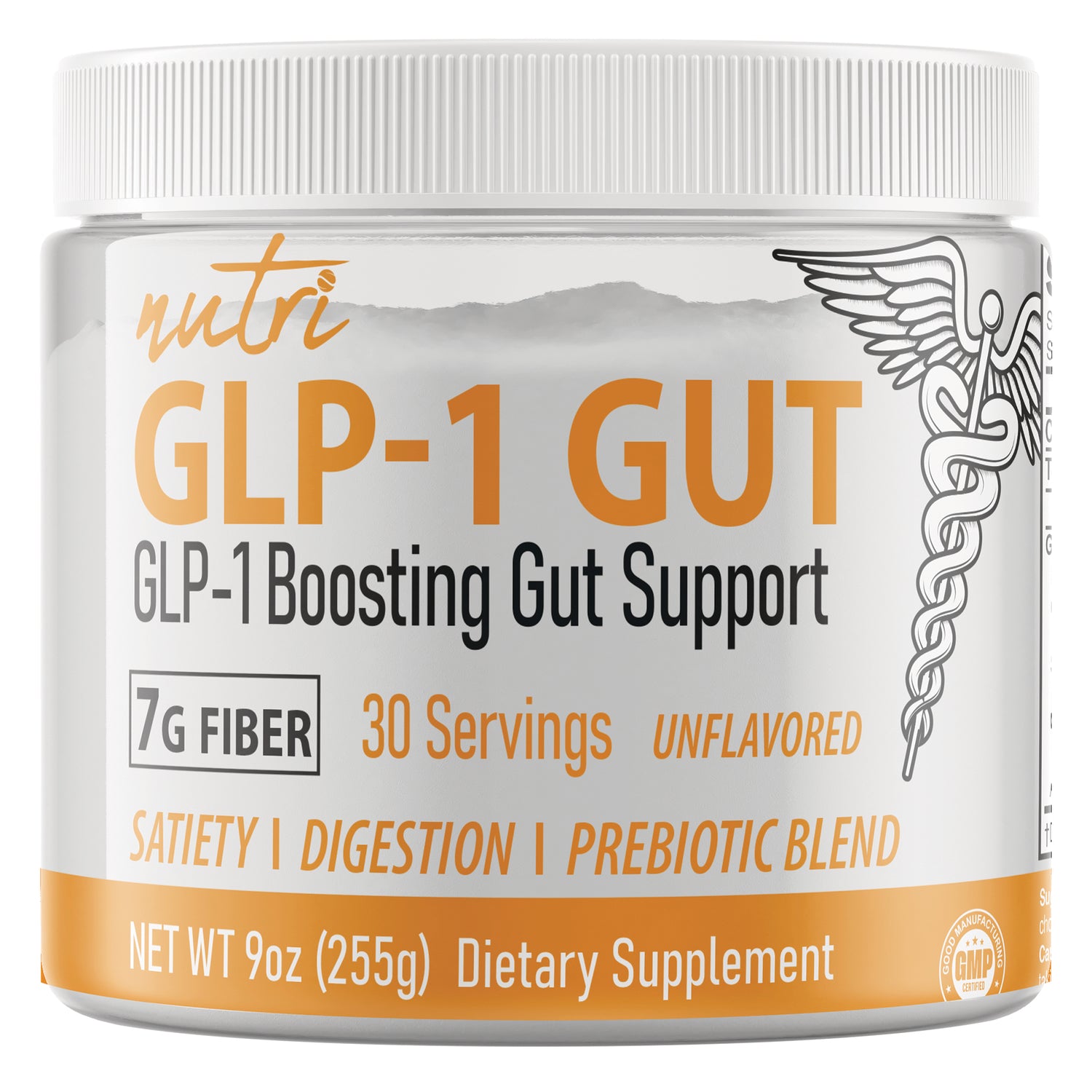 NFU013 | White tub of Nutri GLP-1 GUT powder, 30 servings, 7g fiber, unflavored dietary supplement