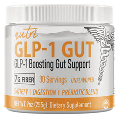 NFU013 | White tub of Nutri GLP-1 GUT powder, 30 servings, 7g fiber, unflavored dietary supplement