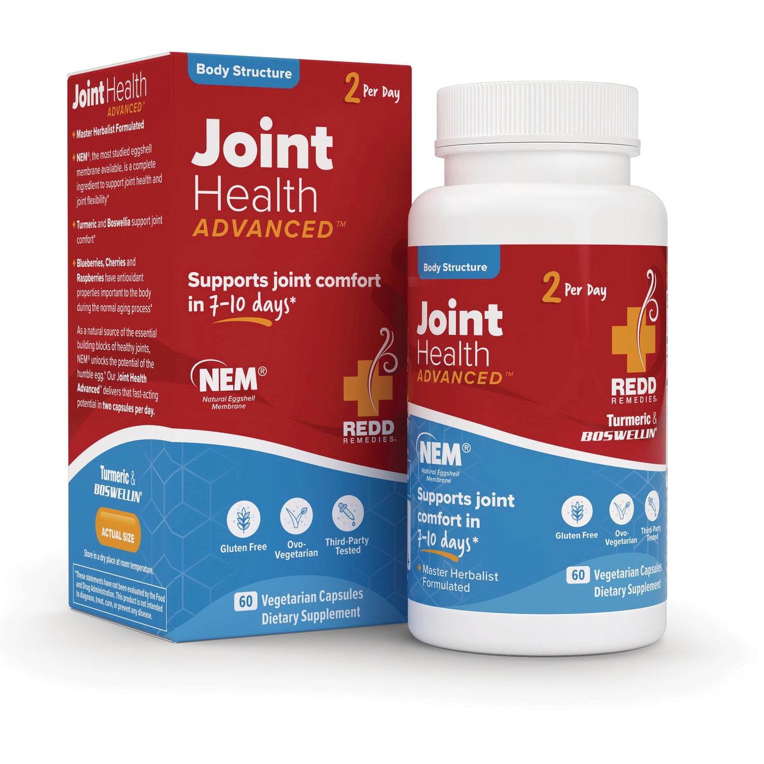 MEM003 | Joint Health ADVANCED supplement bottle and box, 60 vegetarian capsules, supports joint comfort