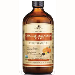 Bottle of Solgar Liquid Calcium Magnesium Citrate with vitamin D3, orange-vanilla flavored, 16 fl oz dietary supplement