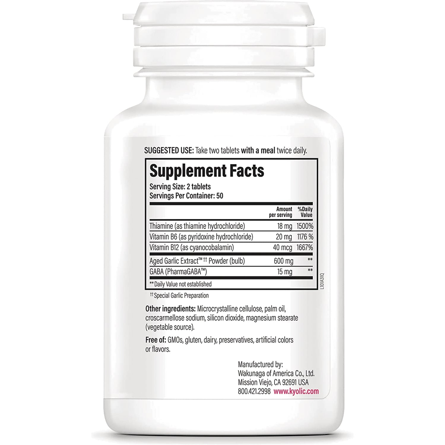 KY098 | Back label showing Supplement Facts panel with serving size, ingredients, other ingredients and manufacturer info
