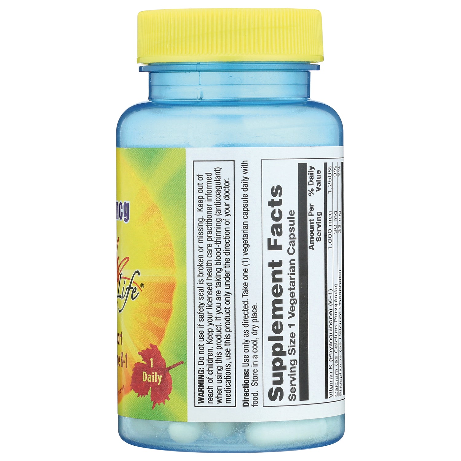 NSL045 | blue plastic supplement bottle back showing Supplement Facts label, nutrition panel and directions