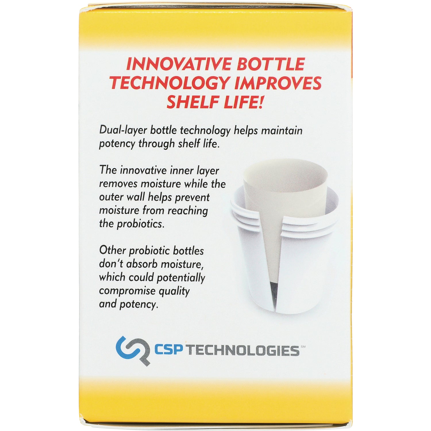 NW644 | Product infographic showing dual-layer bottle illustration, copy about improved shelf life and CSP TECHNOLOGIES logo