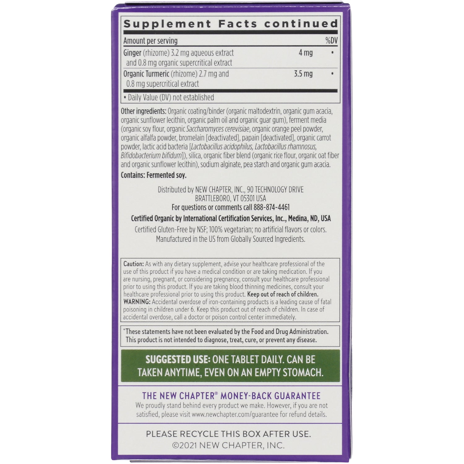 NWC241 | Back panel showing Supplement Facts continued, ingredients, caution text, and suggested use one tablet daily