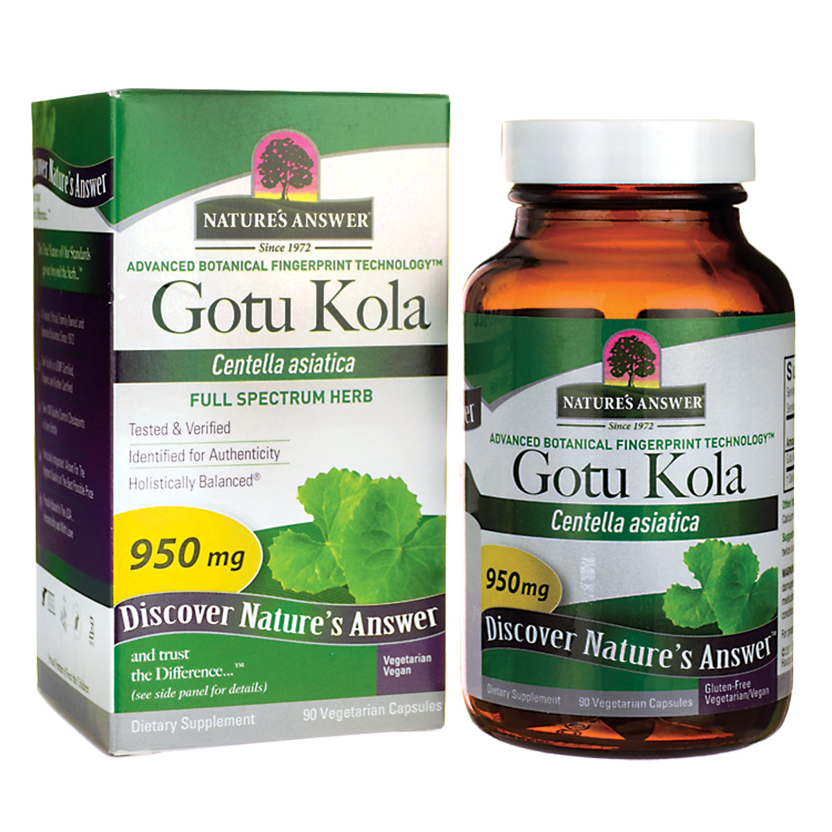 NAT159 | Gotu Kola dietary supplement box and amber bottle labeled 950 mg, Centella asiatica