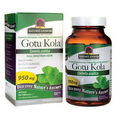 NAT159 | Gotu Kola dietary supplement box and amber bottle labeled 950 mg, Centella asiatica